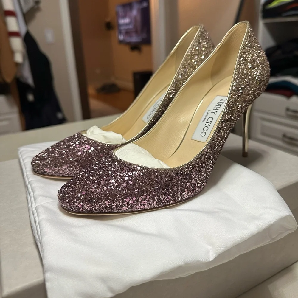 Jimmy Choo Pink Glitter Pointed-Toe Pumps - Picture 1 of 6